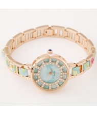 Floral Prints Rhinestone Decorated Radial Pattern Women Fashion Wrist Watch - Light Green
