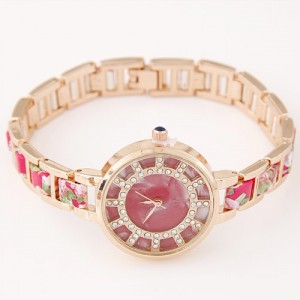 Floral Prints Rhinestone Decorated Radial Pattern Women Fashion Wrist Watch - Red