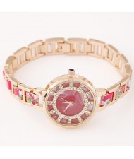 Floral Prints Rhinestone Decorated Radial Pattern Women Fashion Wrist Watch - Red