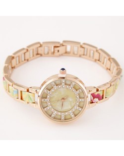 Floral Prints Rhinestone Decorated Radial Pattern Women Fashion Wrist Watch - Yellow
