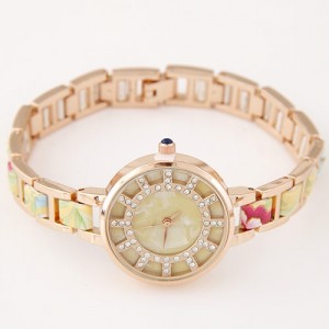 Floral Prints Rhinestone Decorated Radial Pattern Women Fashion Wrist Watch - Yellow