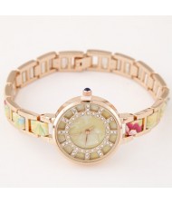 Floral Prints Rhinestone Decorated Radial Pattern Women Fashion Wrist Watch - Yellow