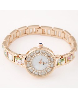 Floral Prints Rhinestone Decorated Radial Pattern Women Fashion Wrist Watch - White