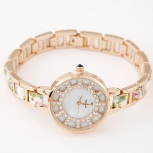 Floral Prints Rhinestone Decorated Radial Pattern Women Fashion Wrist Watch - White