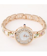 Floral Prints Rhinestone Decorated Radial Pattern Women Fashion Wrist Watch - White