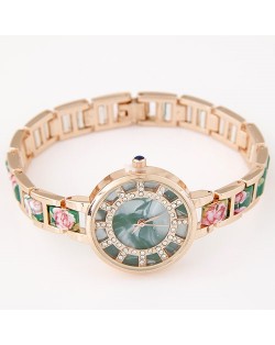 Floral Prints Rhinestone Decorated Radial Pattern Women Fashion Wrist Watch - Green