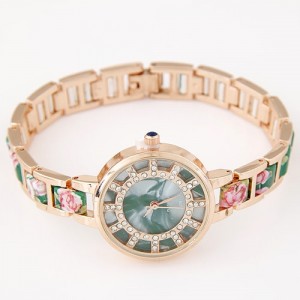 Floral Prints Rhinestone Decorated Radial Pattern Women Fashion Wrist Watch - Green