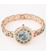 Floral Prints Rhinestone Decorated Radial Pattern Women Fashion Wrist Watch - Green