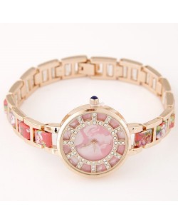 Floral Prints Rhinestone Decorated Radial Pattern Women Fashion Wrist Watch - Pink