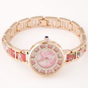 Floral Prints Rhinestone Decorated Radial Pattern Women Fashion Wrist Watch - Pink
