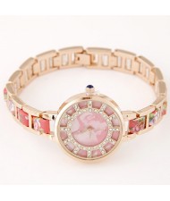 Floral Prints Rhinestone Decorated Radial Pattern Women Fashion Wrist Watch - Pink
