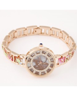 Floral Prints Rhinestone Decorated Radial Pattern Women Fashion Wrist Watch - Chocolate