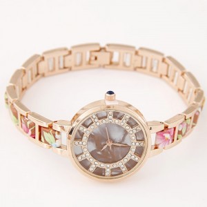 Floral Prints Rhinestone Decorated Radial Pattern Women Fashion Wrist Watch - Chocolate
