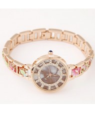 Floral Prints Rhinestone Decorated Radial Pattern Women Fashion Wrist Watch - Chocolate
