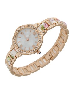 Rhinestone Rimmed Plum Blossom Shape Floral Prints Women Fashion Watch - White