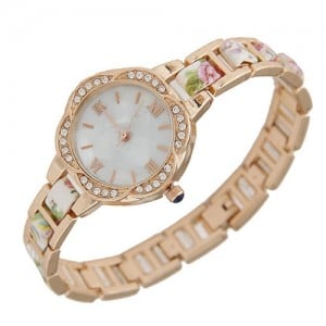 Rhinestone Rimmed Plum Blossom Shape Floral Prints Women Fashion Watch - White