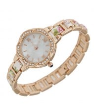 Rhinestone Rimmed Plum Blossom Shape Floral Prints Women Fashion Watch - White