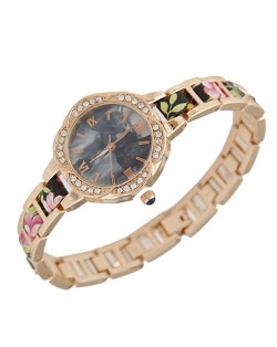 Rhinestone Rimmed Plum Blossom Shape Floral Prints Women Fashion Watch - Black