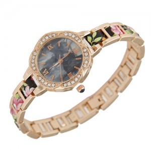 Rhinestone Rimmed Plum Blossom Shape Floral Prints Women Fashion Watch - Black