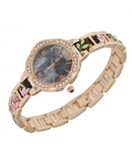 Rhinestone Rimmed Plum Blossom Shape Floral Prints Women Fashion Watch - Black