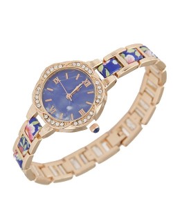 Rhinestone Rimmed Plum Blossom Shape Floral Prints Women Fashion Watch - Blue