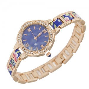 Rhinestone Rimmed Plum Blossom Shape Floral Prints Women Fashion Watch - Blue