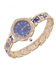 Rhinestone Rimmed Plum Blossom Shape Floral Prints Women Fashion Watch - Blue