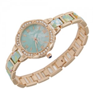 Rhinestone Rimmed Plum Blossom Shape Floral Prints Women Fashion Watch - Green