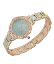 Rhinestone Rimmed Plum Blossom Shape Floral Prints Women Fashion Watch - Green