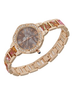Rhinestone Rimmed Plum Blossom Shape Floral Prints Women Fashion Watch - Coffee