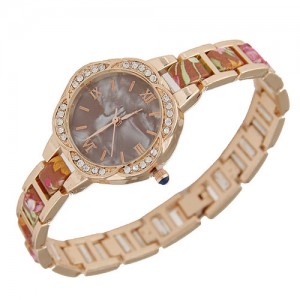 Rhinestone Rimmed Plum Blossom Shape Floral Prints Women Fashion Watch - Coffee
