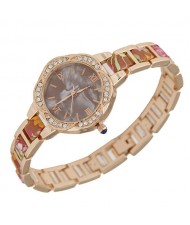 Rhinestone Rimmed Plum Blossom Shape Floral Prints Women Fashion Watch - Coffee