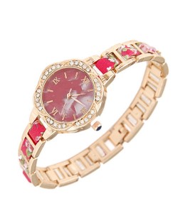 Rhinestone Rimmed Plum Blossom Shape Floral Prints Women Fashion Watch - Pink