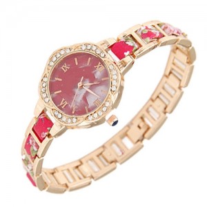 Rhinestone Rimmed Plum Blossom Shape Floral Prints Women Fashion Watch - Pink