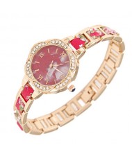 Rhinestone Rimmed Plum Blossom Shape Floral Prints Women Fashion Watch - Pink