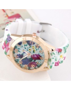 Blooming Flowers Theme Silicone Women Wrist Watch