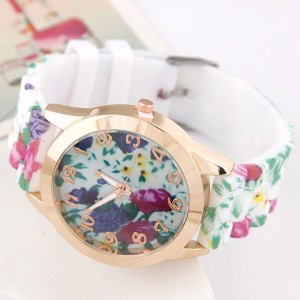 Blooming Flowers Theme Silicone Women Wrist Watch