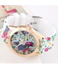 Blooming Flowers Theme Silicone Women Wrist Watch