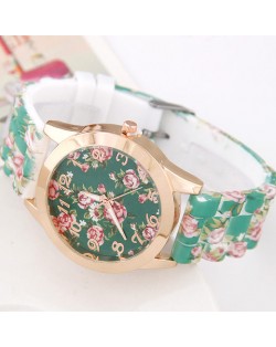 Various Roses Design Silicone Women Fashion Wrist Watch - Green