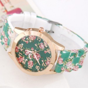 Various Roses Design Silicone Women Fashion Wrist Watch - Green