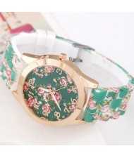 Various Roses Design Silicone Women Fashion Wrist Watch - Green