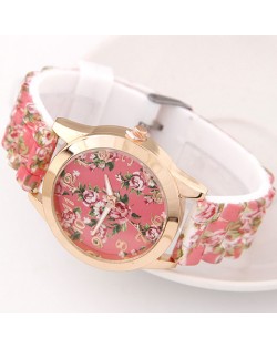 Various Roses Design Silicone Women Fashion Wrist Watch - Pink
