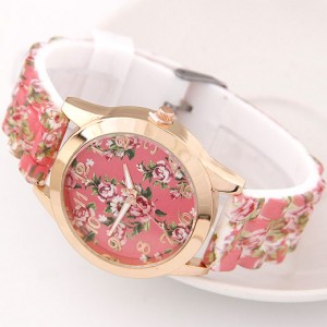 Various Roses Design Silicone Women Fashion Wrist Watch - Pink