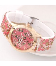 Various Roses Design Silicone Women Fashion Wrist Watch - Pink