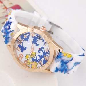 Chinese Blue and White Style Flower and Vines Design Silicone Women Fashion Wrist Watch