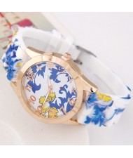 Chinese Blue and White Style Flower and Vines Design Silicone Women Fashion Wrist Watch