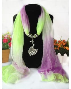 Violet and Grass Gradient Color Peacock Pendant Fashion Scarf Necklace