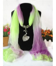 Violet and Grass Gradient Color Peacock Pendant Fashion Scarf Necklace