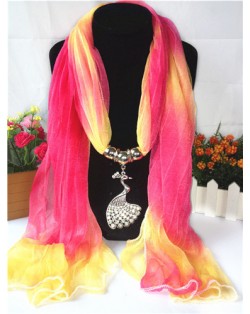 Rose and Yellow Gradient Color Peacock Pendant Fashion Scarf Necklace