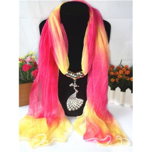 Rose and Yellow Gradient Color Peacock Pendant Fashion Scarf Necklace